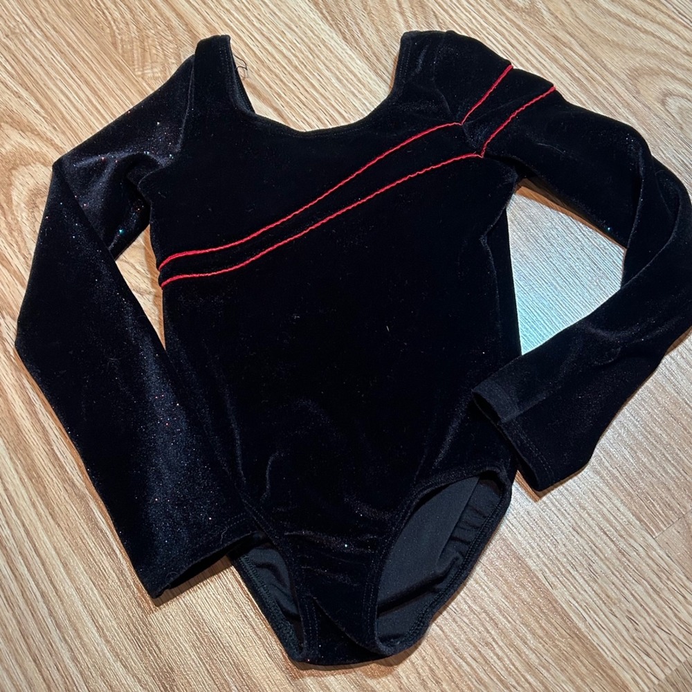Danskin Girls Black Glitter Velvet Long Sleeve Leotard Red Stripe Small 4-6